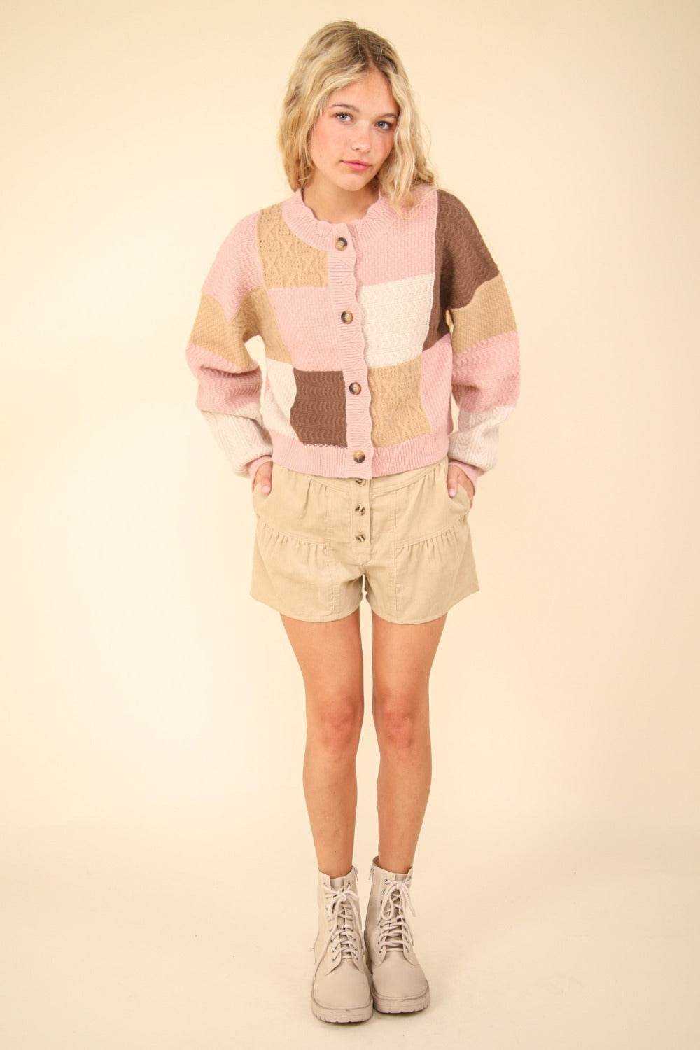 VERY J Color Block Button Down Textured Sweater Cardigan - Delanoir