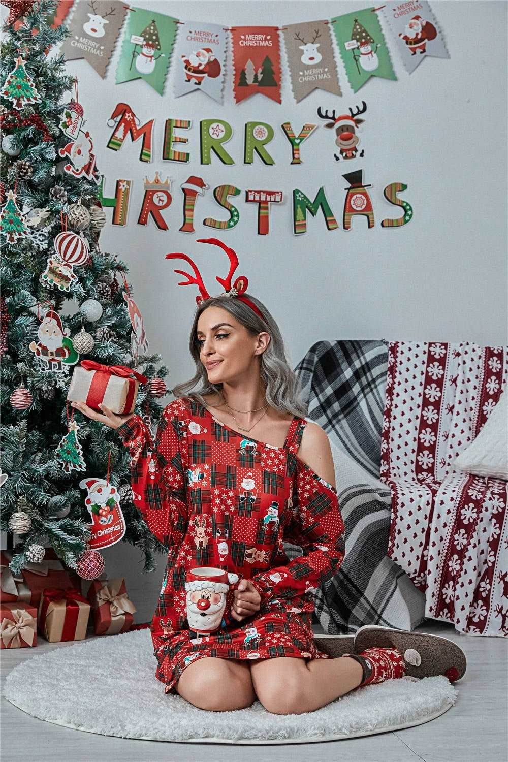 Christmas Asymmetrical Neck Long Sleeve Dress - Delanoir