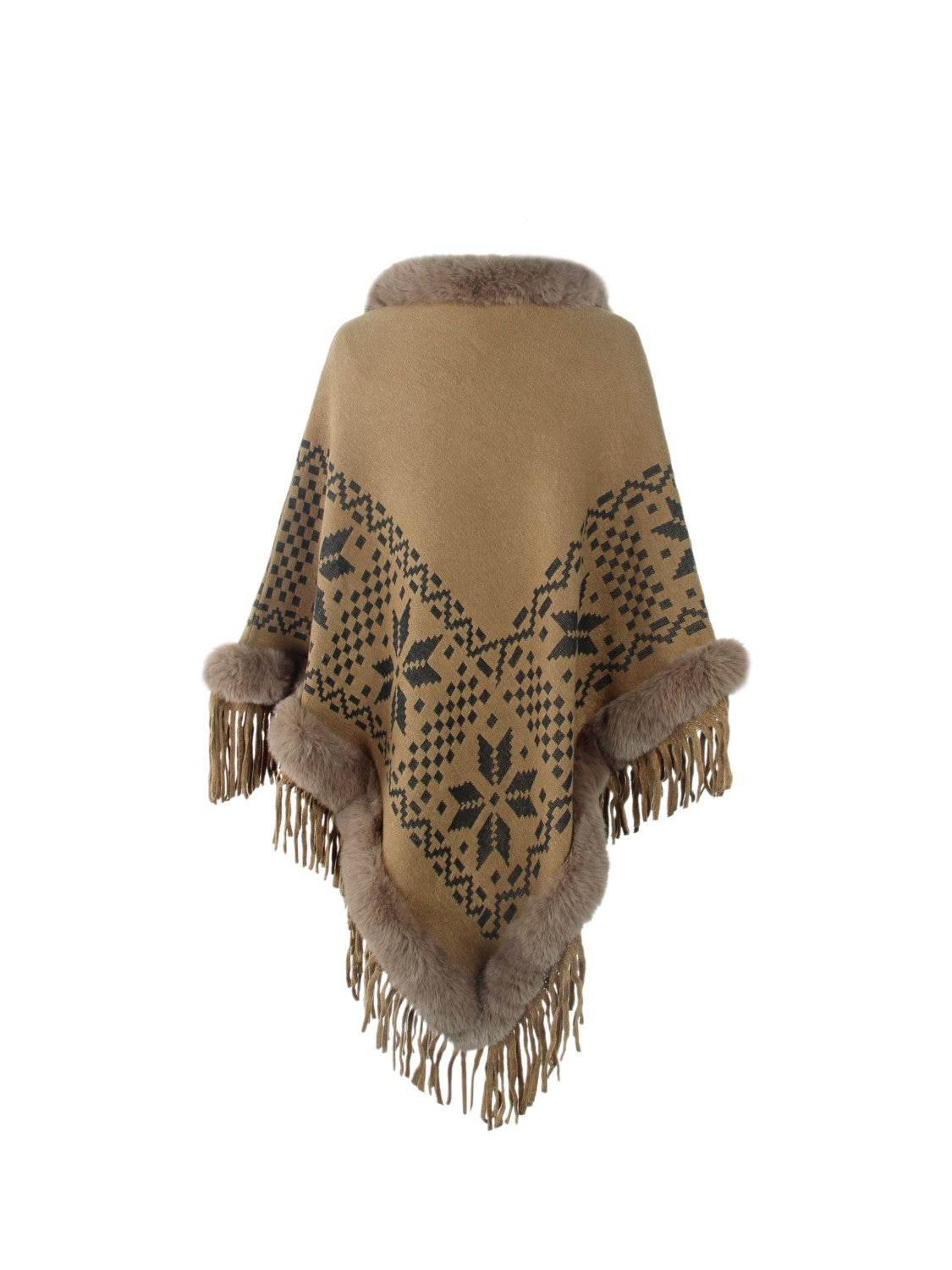 Fringe Geometric Cape Sleeve Poncho - Delanoir