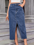 Slit Midi Denim Skirt with Pockets - Delanoir