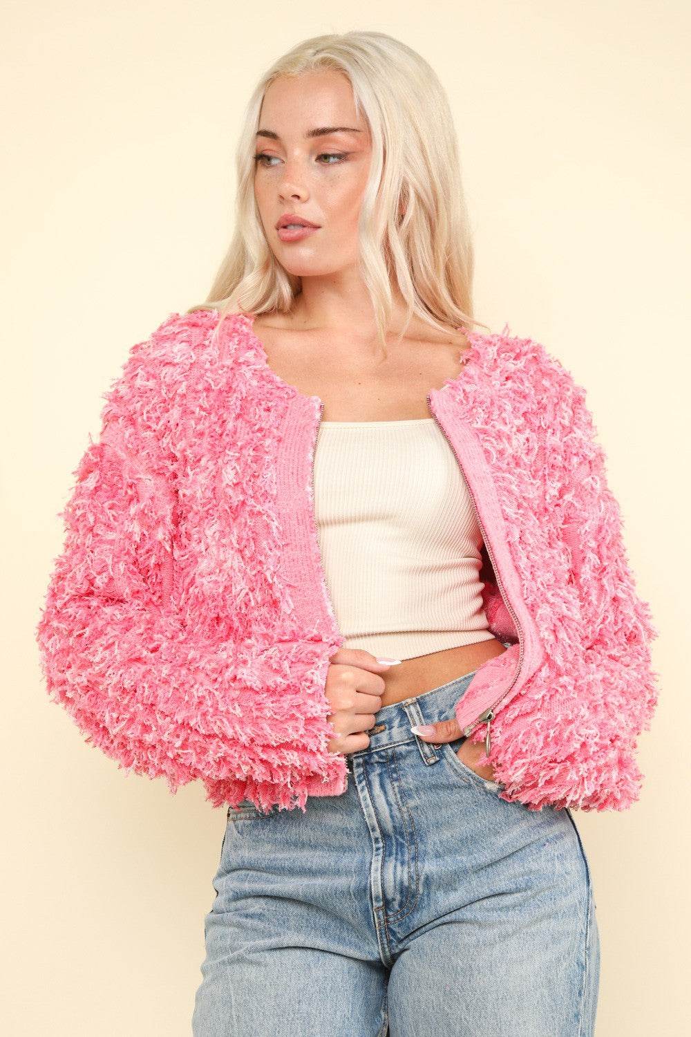 VERY J Shaggy Yarn Knit Zip Up Jacket - Delanoir