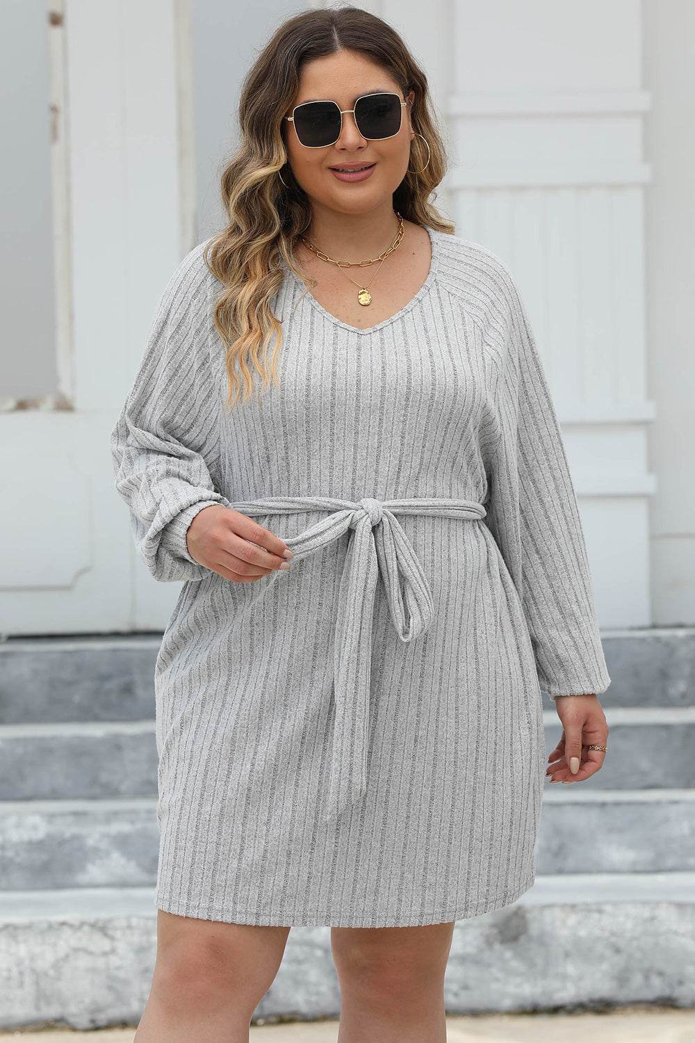 Plus Size Ribbed Tie Front Long Sleeve Sweater Dress - Delanoir