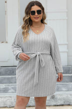 Plus Size Ribbed Tie Front Long Sleeve Sweater Dress - Delanoir