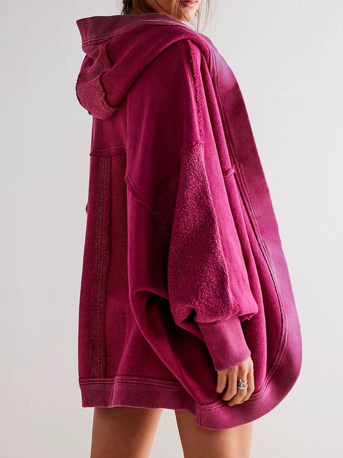 Exposed Seam Open Front Batwing Sleeve Hooded Cardigan - Delanoir