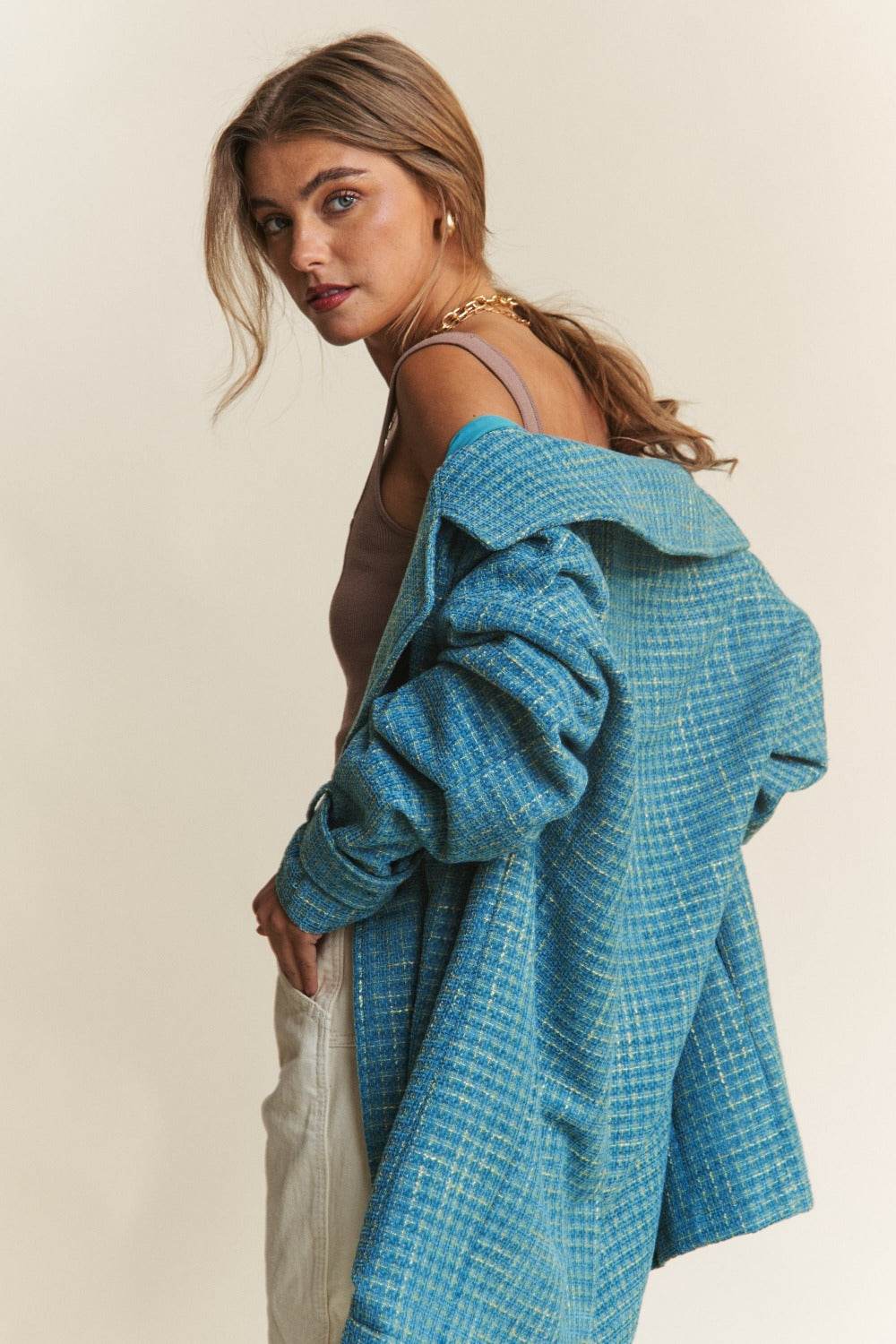 J.NNA Tweed Double-Breasted Long Sleeve Coat - Delanoir