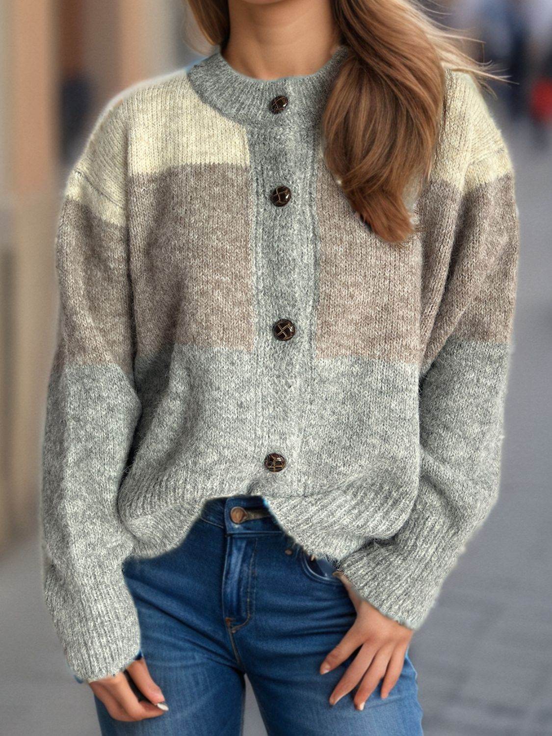 Color Block Round Neck Button Up Cardigan - Delanoir