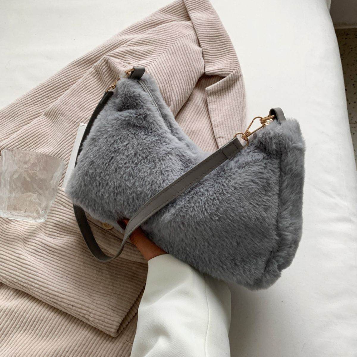 Faux Fur Removable Strap Shoulder Bag - Delanoir