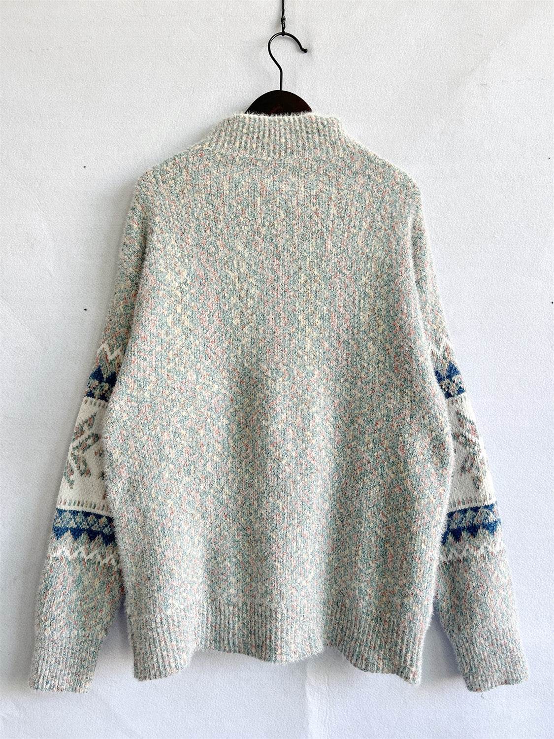 Geometric Mock Neck Dropped Shoulder Sweater - Delanoir