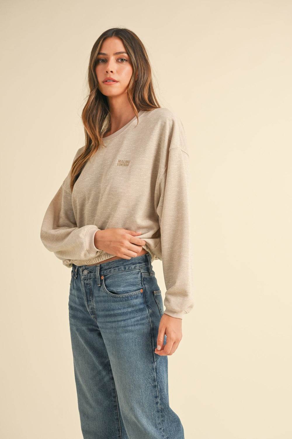 Mable Round Neck Letter Embroidery Crop Sweatshirt - Delanoir