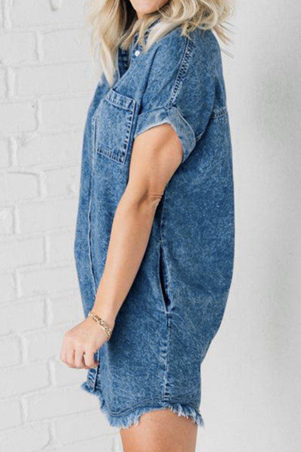 Raw Hem Pocketed Cap Sleeve Denim Dress - Delanoir