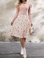 Ruffled Floral Long Sleeve Knee Length Dress - Delanoir