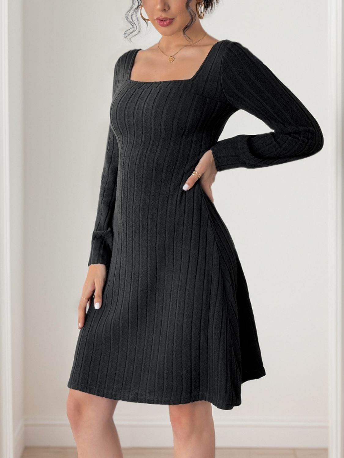 Perfee Butterfly Square Neck Long Sleeve Dress - Delanoir