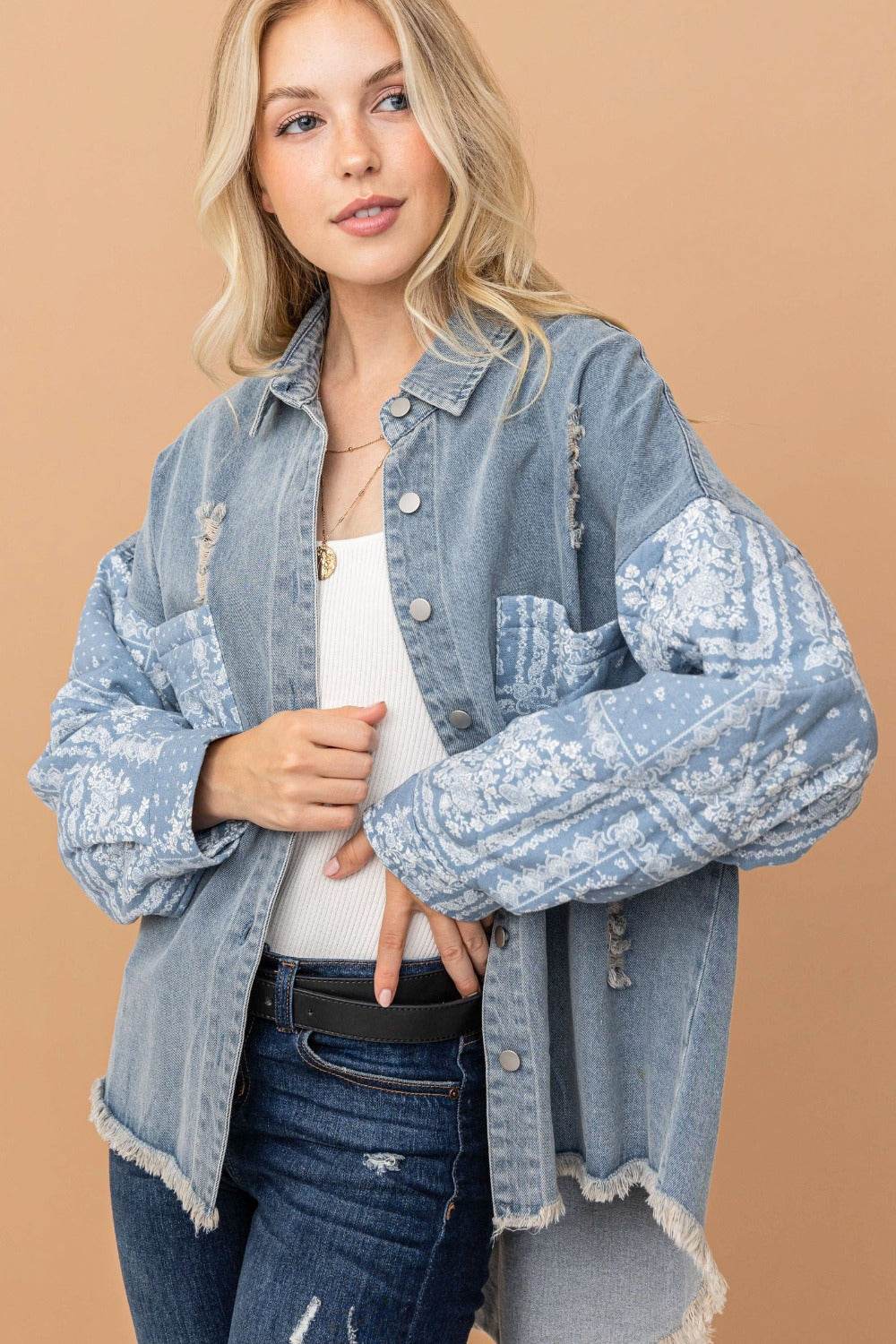 And The Why Full Size Paisley Print Quilted Sleeves Denim Jacket - Delanoir