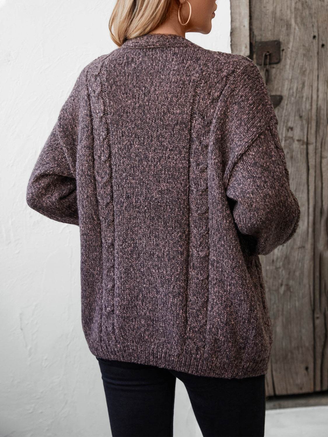 Cable-Knit Open Front Long Sleeve Cardigan - Delanoir