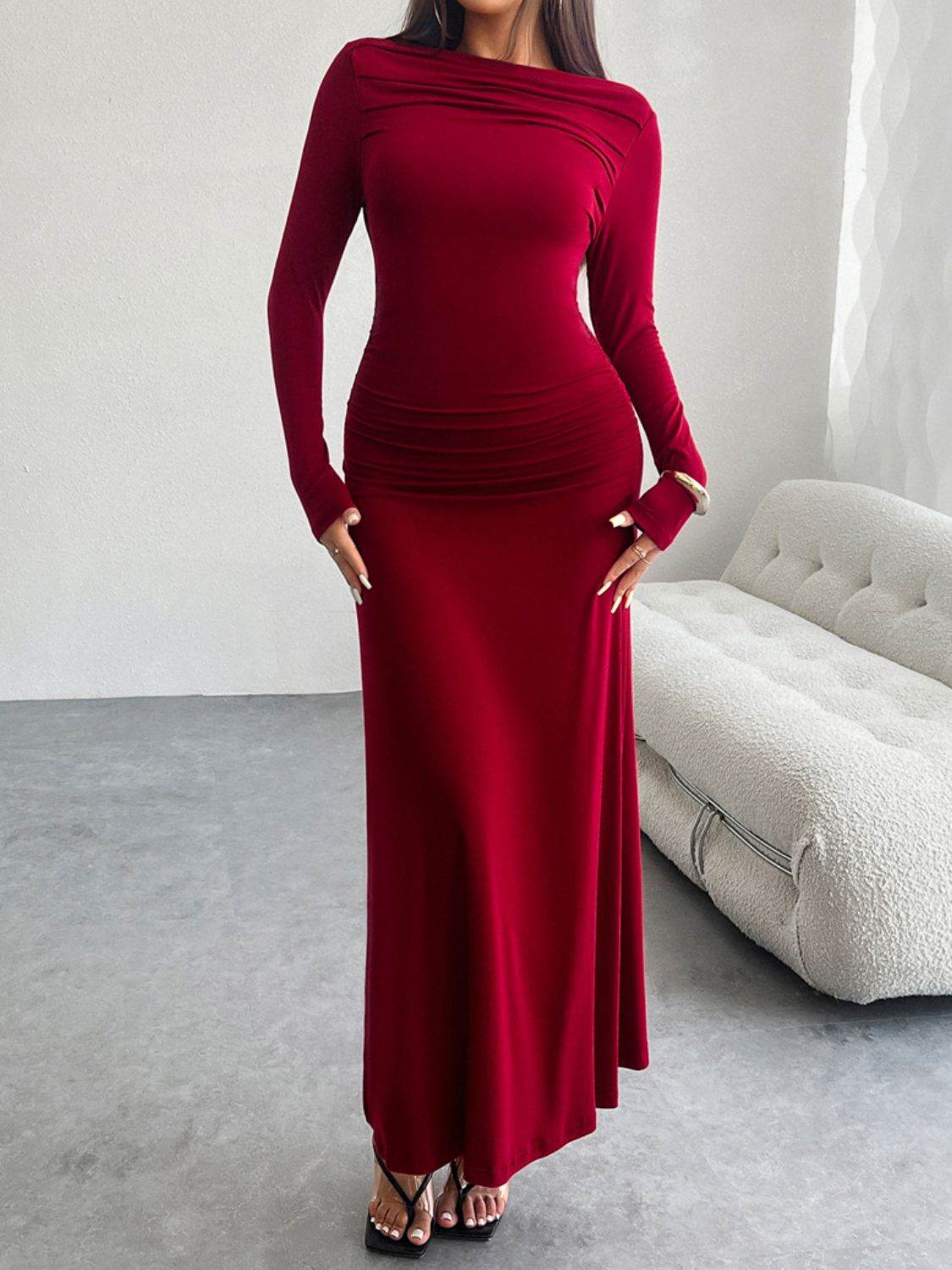 Devine Ruched Long Sleeve Maxi Dress - Delanoir