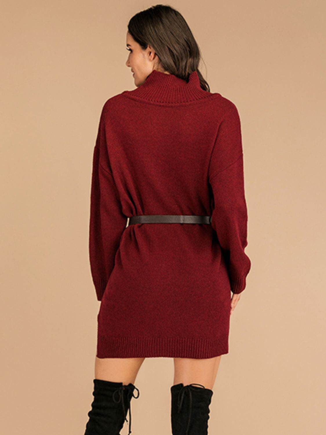 Perfee Slit Turtleneck Long Sleeve Mini Sweater Dress - Delanoir