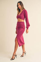 MABLE Front Twisted Knit Top and Midi Skirt Set - Delanoir