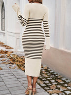 Devine Striped V-Neck Long Sleeve Sweater Dress - Delanoir