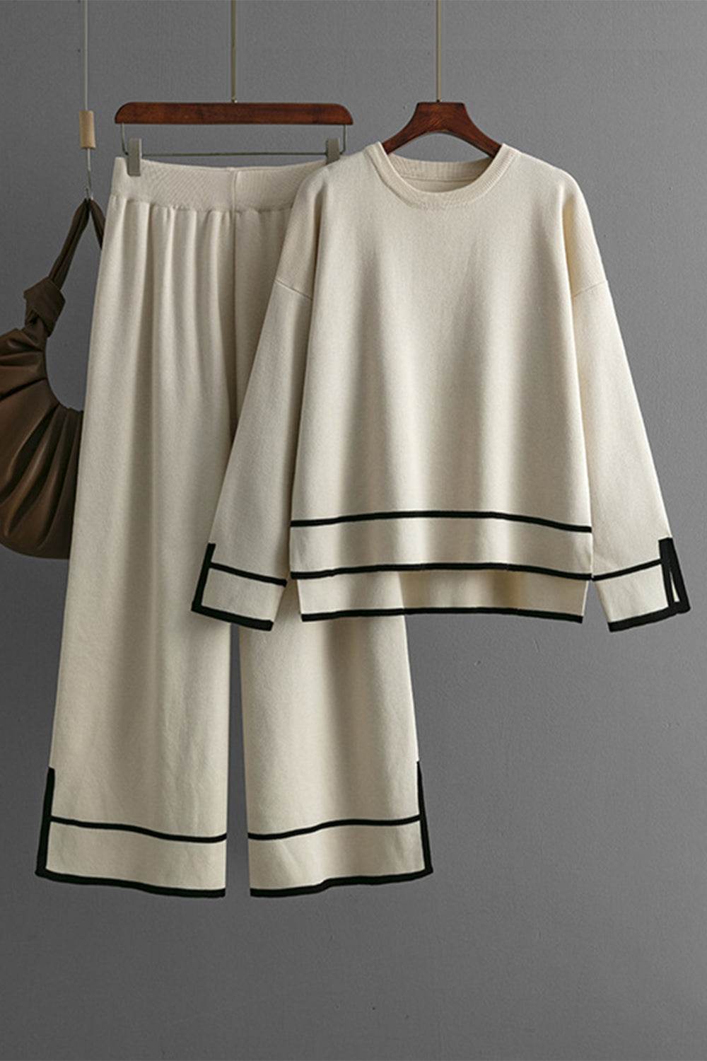 High-Low Round Neck Top and Pants Sweater Set - Delanoir