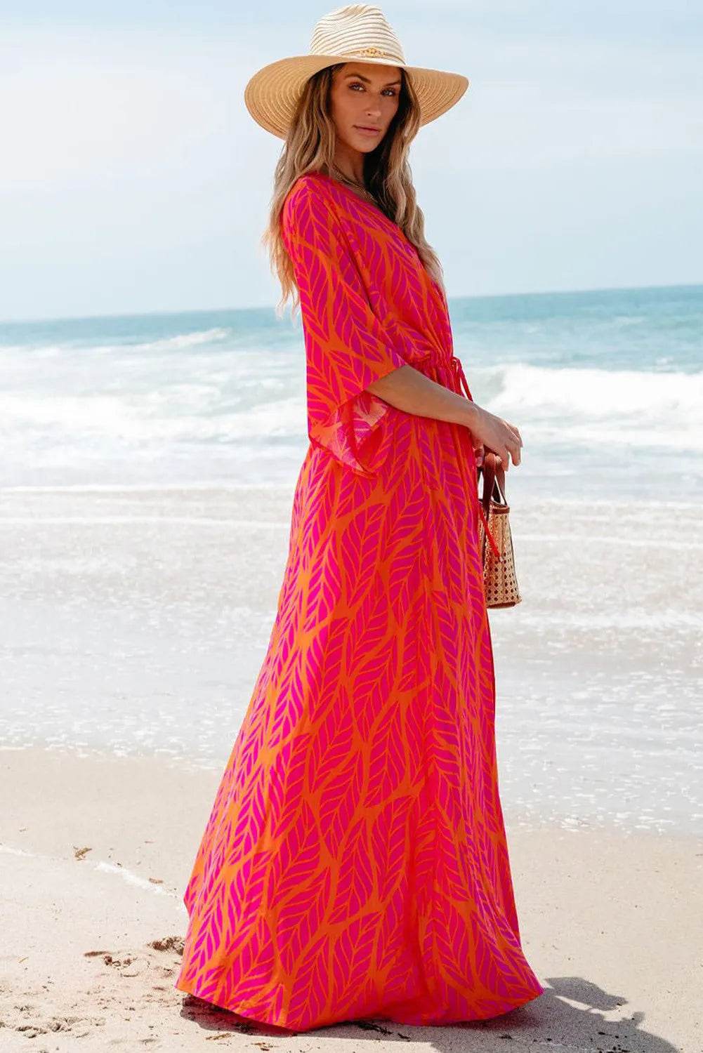 Drawstring Printed V-Neck Maxi Dress - Delanoir