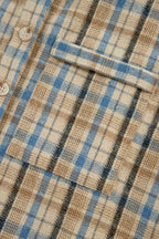 Drawstring Waffle Knit Patchwork Hooded Plaid Shacket - Delanoir