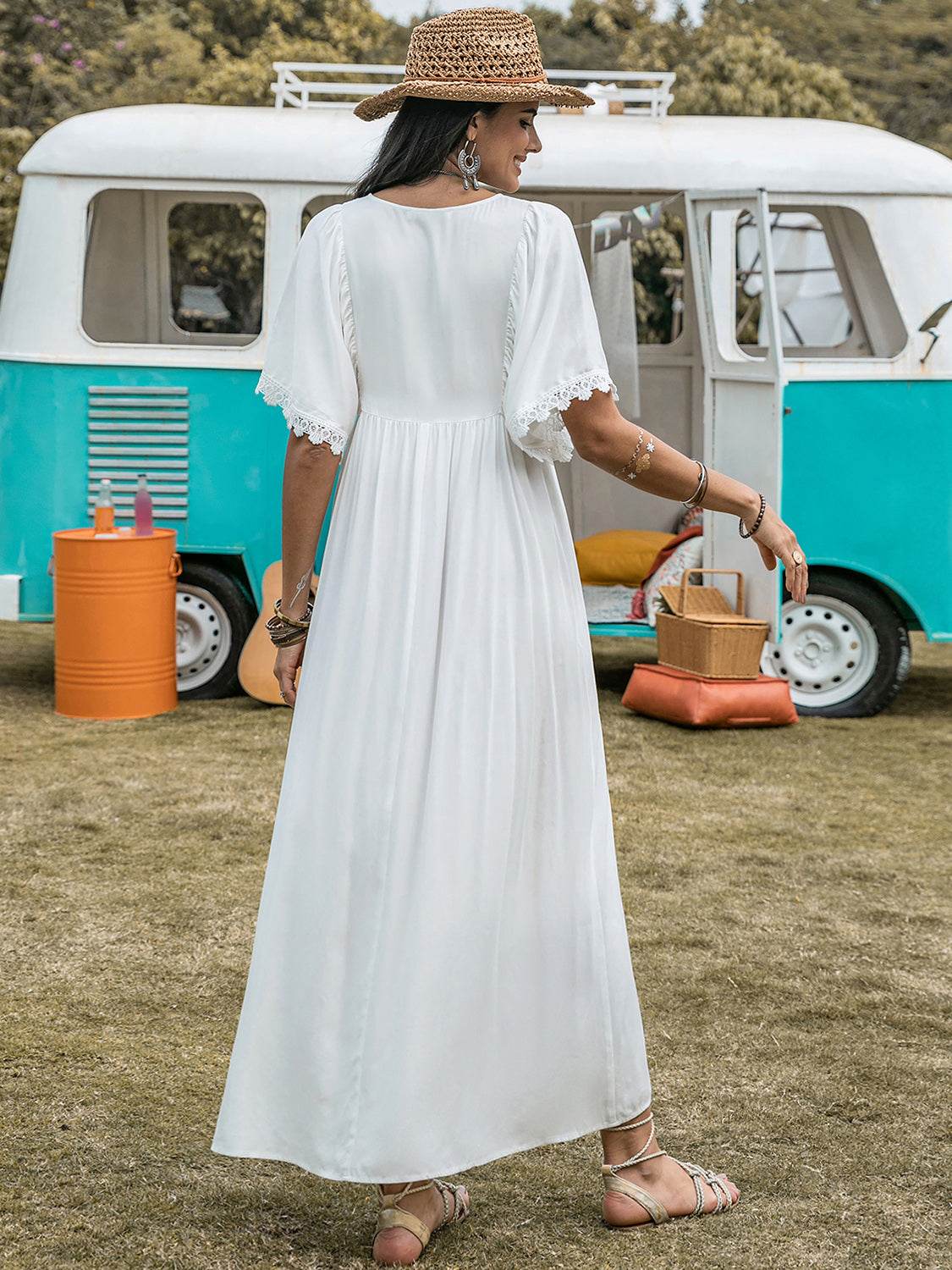 Lace Detail Eyelet V-Neck Half Sleeve Dress - Delanoir