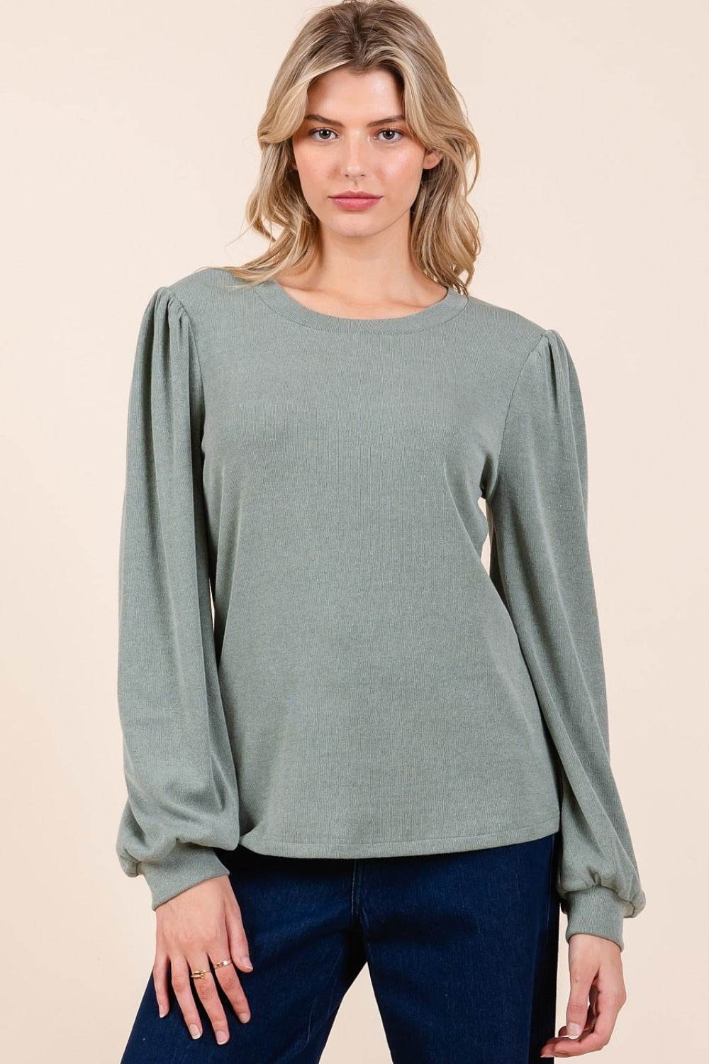 Mittoshop Round Neck Long Sleeve Rib Knit Top - Delanoir