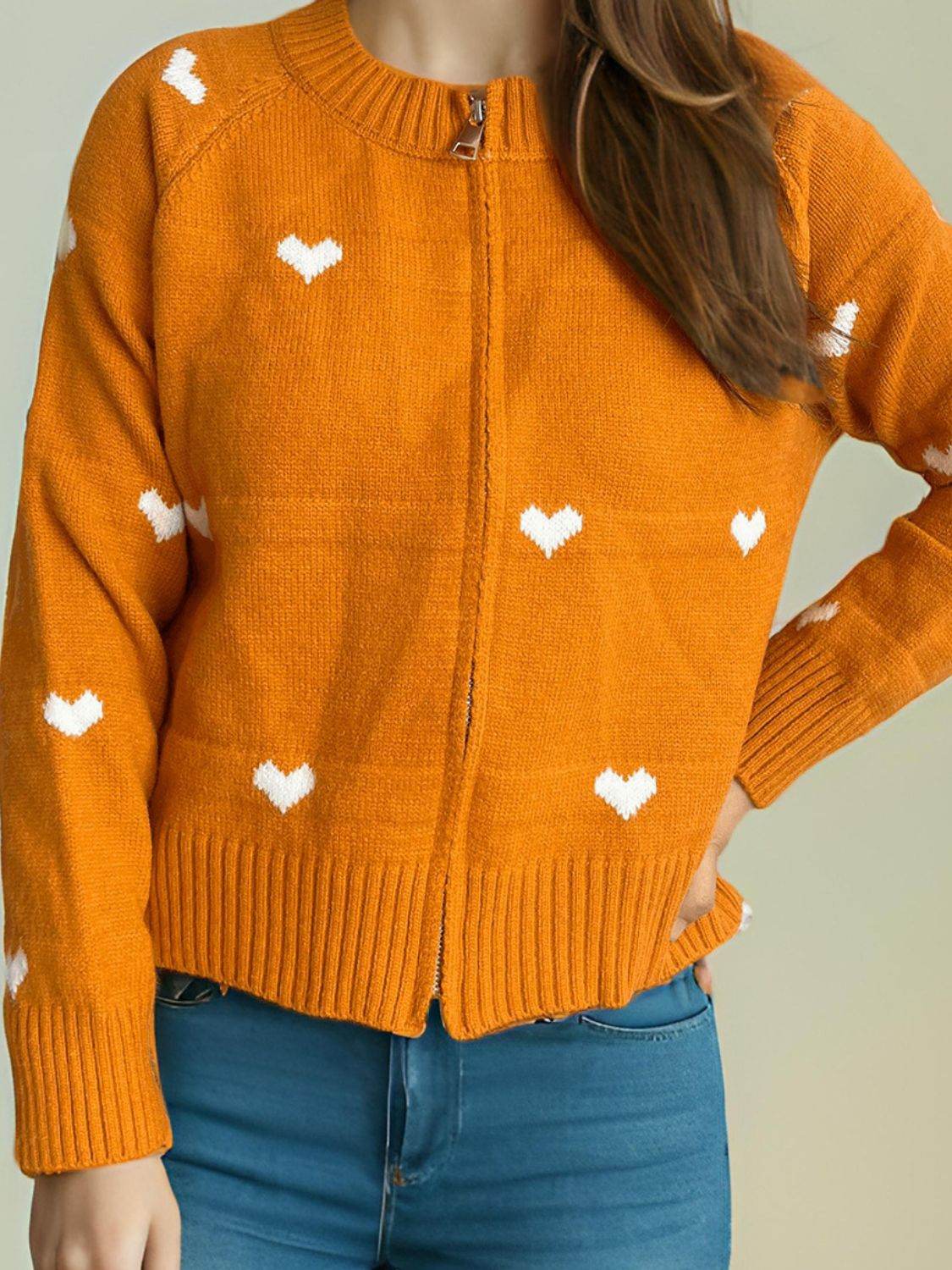 Heart Round Neck Zip Up Cardigan - Delanoir