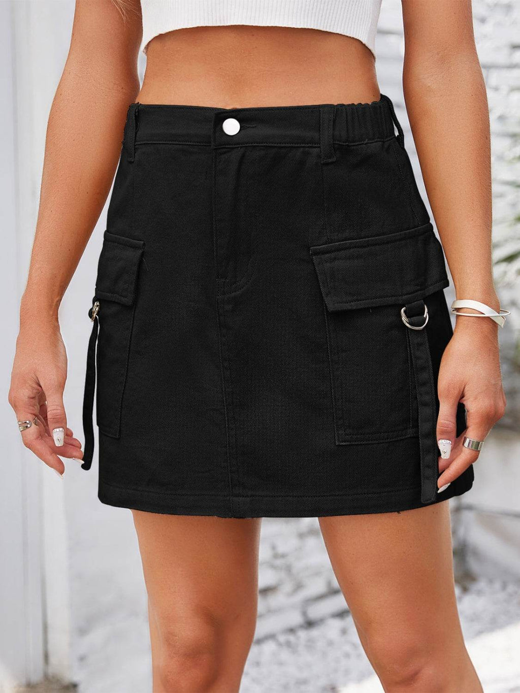 Pocketed Buttoned Denim Skirt - Delanoir