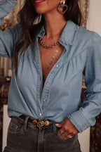Button Up Long Sleeve Denim Top - Delanoir