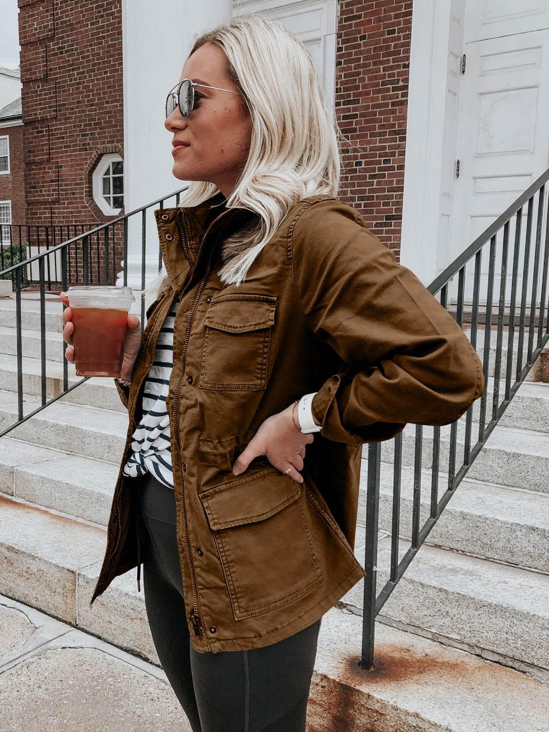 Pocketed Long Sleeve Zip Up Jacket - Delanoir