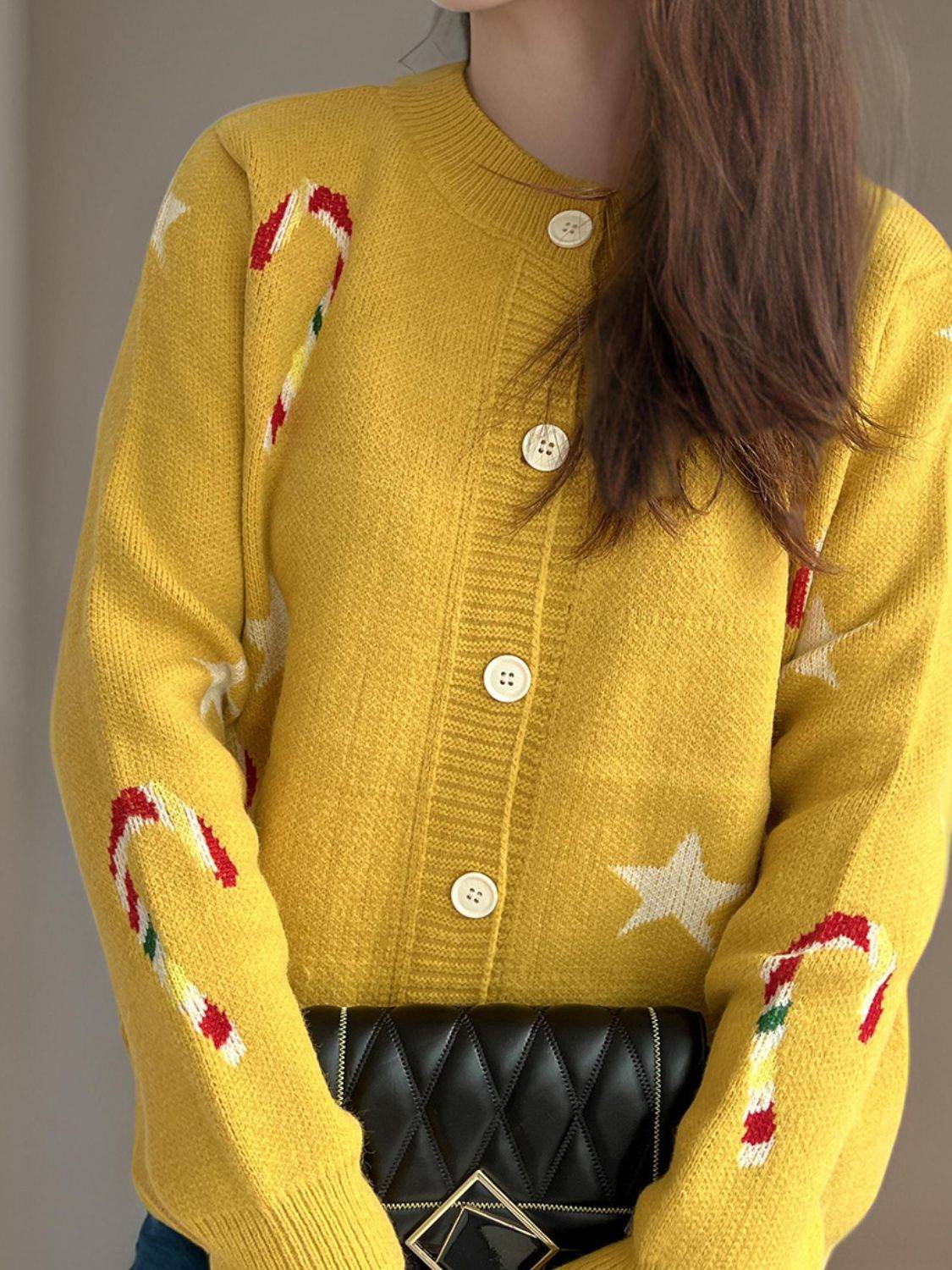 Candy Cane & Star Button Down Long Sleeve Cardigan - Delanoir
