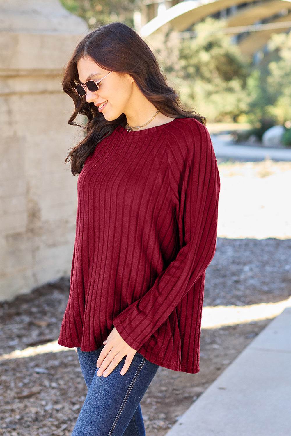 Basic Bae Full Size Ribbed Round Neck Long Sleeve Knit Top - Delanoir