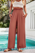 Devine Smocked Wide Leg Pants with Pockets - Delanoir