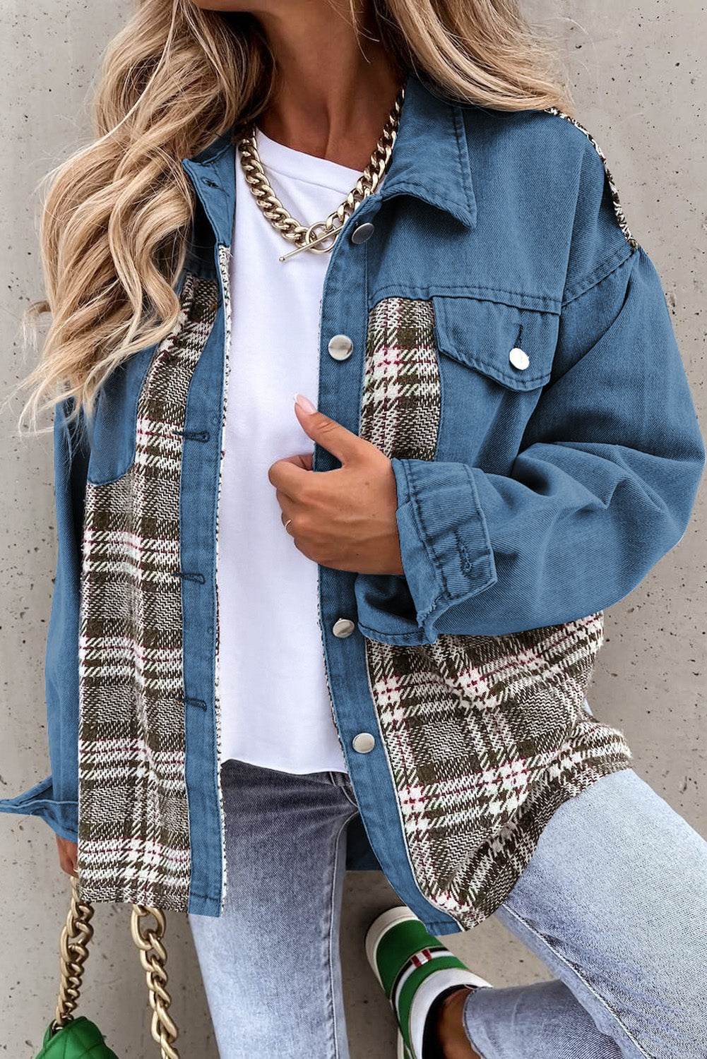 Plaid Pocketed Button Up Denim Jacket - Delanoir