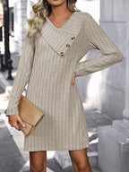 Perfee V-Neck Long Sleeve Knit Dress - Delanoir