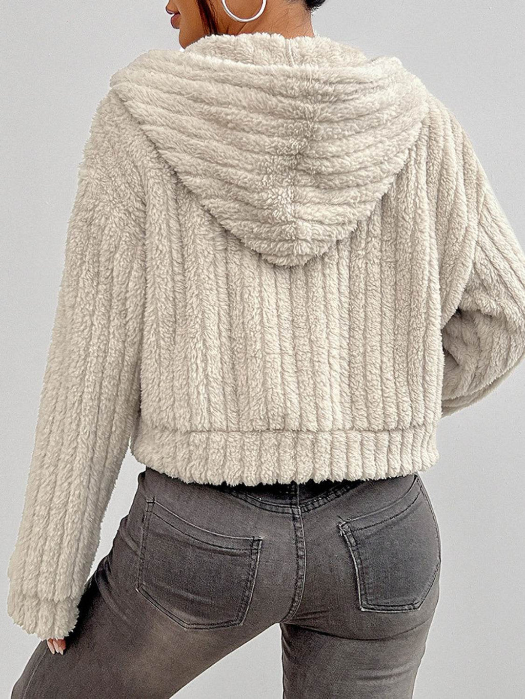 Zip Up Long Sleeve Fuzzy Hooded Jacket - Delanoir