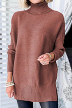 Ribbed Turtleneck Dropped Shoulder Pullover Sweater - Delanoir