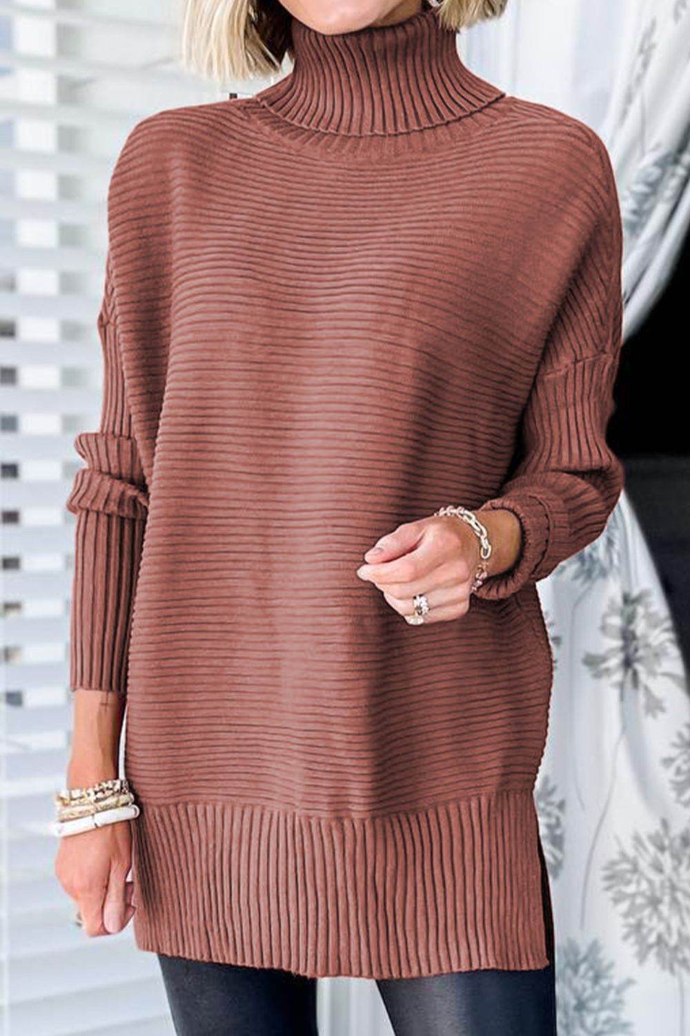 Ribbed Turtleneck Dropped Shoulder Pullover Sweater - Delanoir