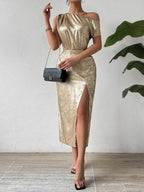 Honey Slit One Shoulder Short Sleeve Midi Dress - Delanoir