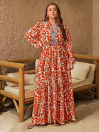 Plus Size Printed Notched Long Sleeve Maxi Dress - Delanoir