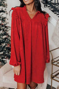 Frill Notched Long Sleeve Dress - Delanoir