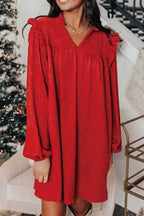 Frill Notched Long Sleeve Dress - Delanoir