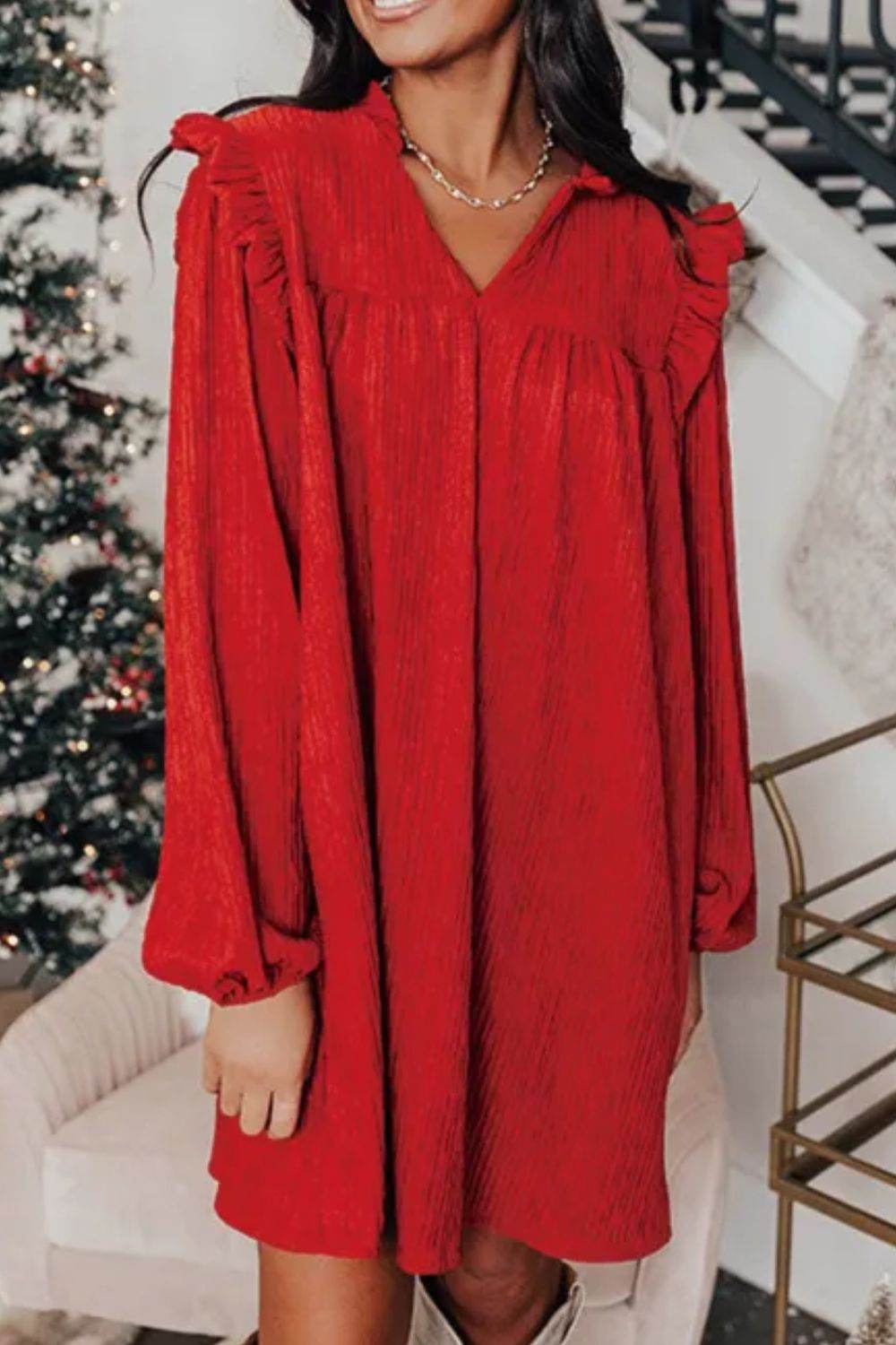 Frill Notched Long Sleeve Dress - Delanoir