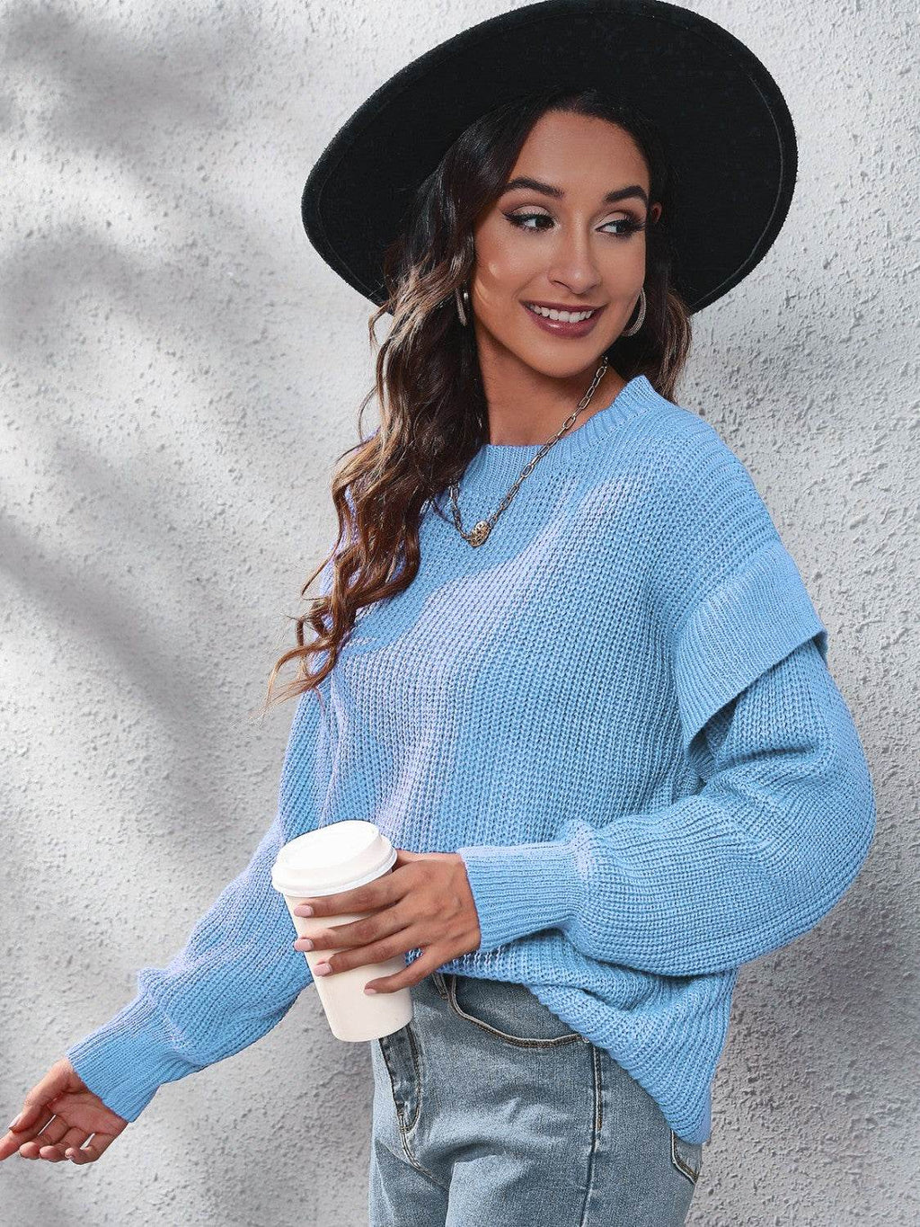 Ruffled Round Neck Dropped Shoulder Sweater - Delanoir
