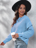 Ruffled Round Neck Dropped Shoulder Sweater - Delanoir