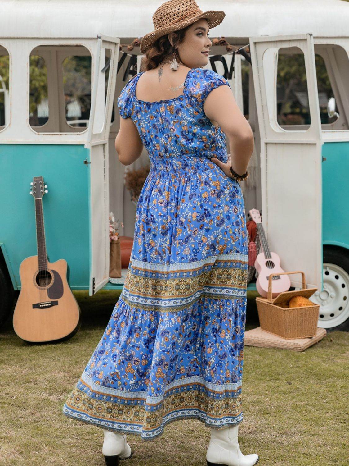 Plus Size Smocked Printed Cap Sleeve Dress - Delanoir