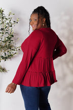 Double Take Half Button Long Sleeve Ruffle Hem Blouse - Delanoir