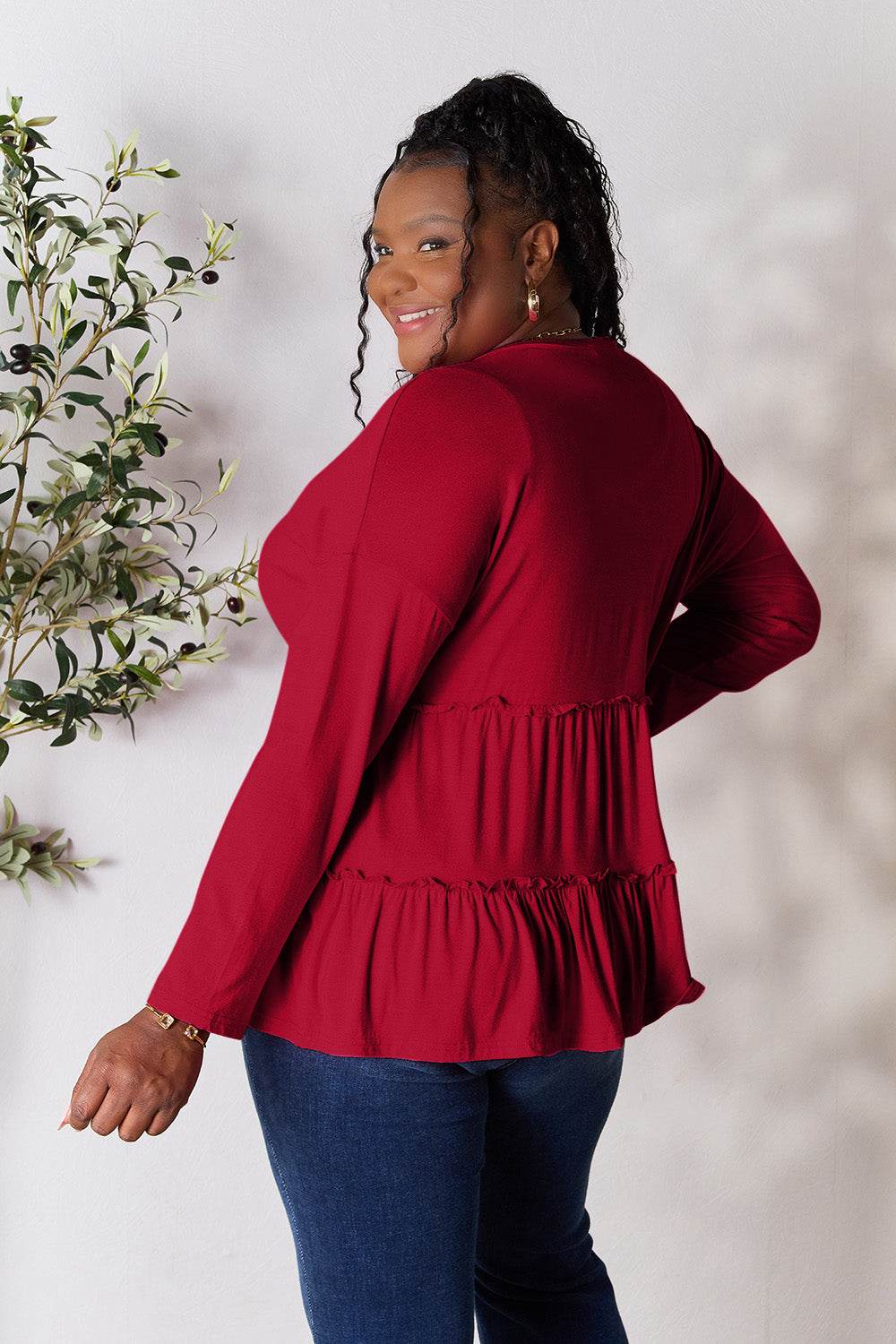 Double Take Half Button Long Sleeve Ruffle Hem Blouse - Delanoir
