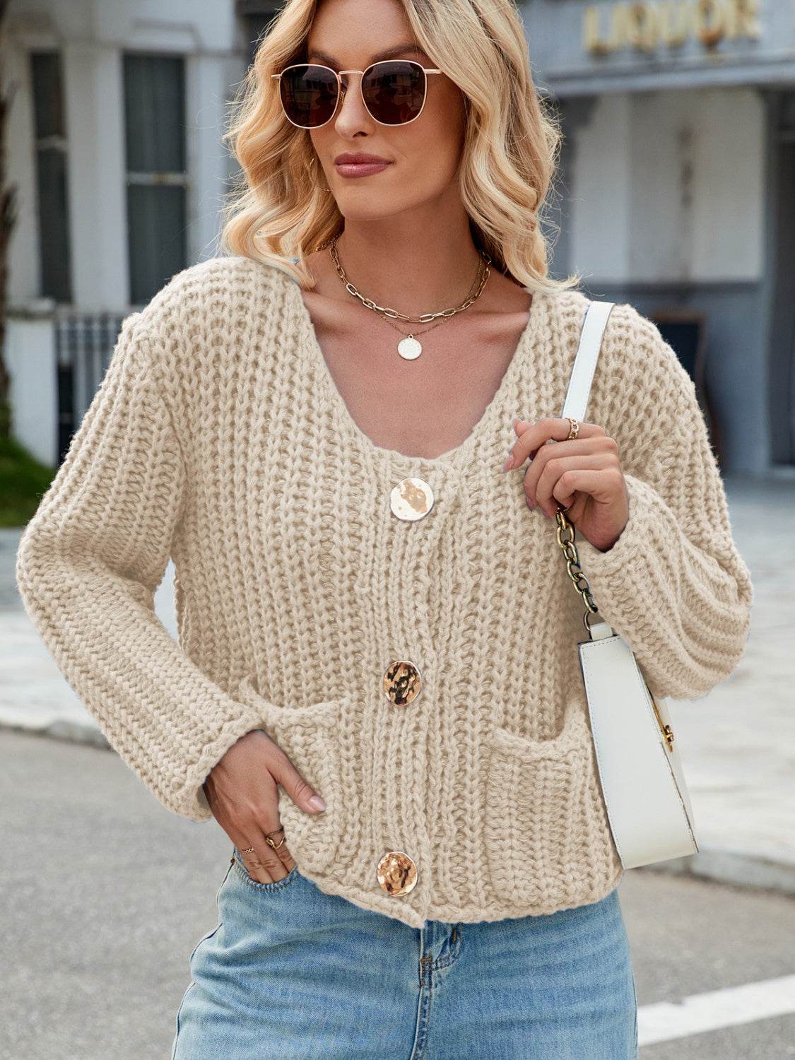 Round Neck Button Up Cardigan with Pockets - Delanoir